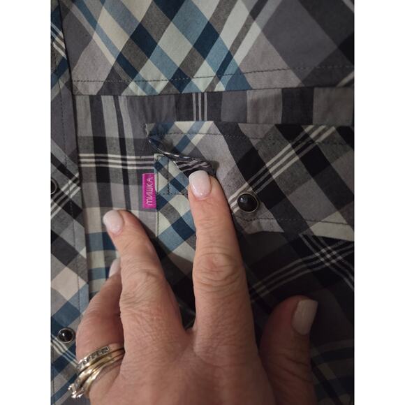 Mishka Mnwka Large Long Sleeve Button Up Plaid Gray Teal Blue Double Pocket - Picture 4 of 6